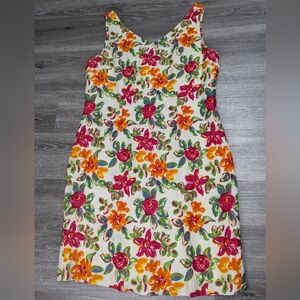 Vintage Bright Floral Linen Sheath Dress Sz 10 Fully Lined Cocktail Garden Party